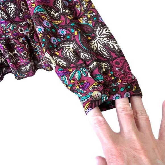 Maeve Janie Purple Floral Leaf Print Peasant Boho Ruffle Hem Blouse - Picture 6 of 11